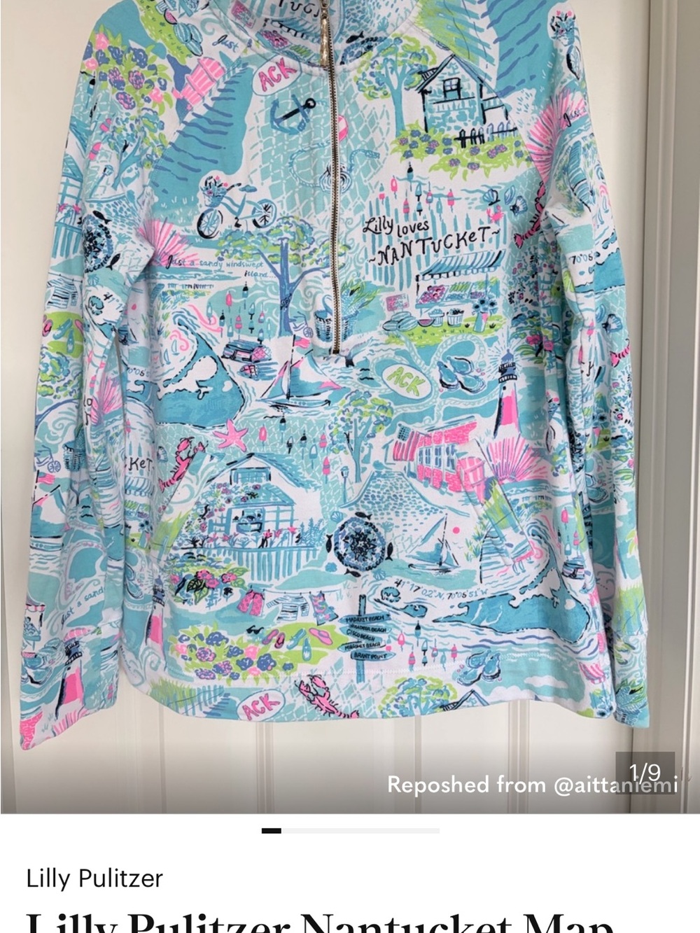 Lilly Pulitzer Nantucket Map Half-Zip Pullover in Aqua, Pink & Lime - Picture 10 of 10